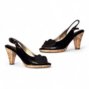 ✨ Eurosoft Black Patent Slingback Heels | Peep-Toe Floral Cork | Size 9M ✨
